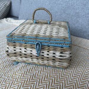 Vintage Sewing Basket Musical 1950's Vintage Wicker Craft Container Blue Gold